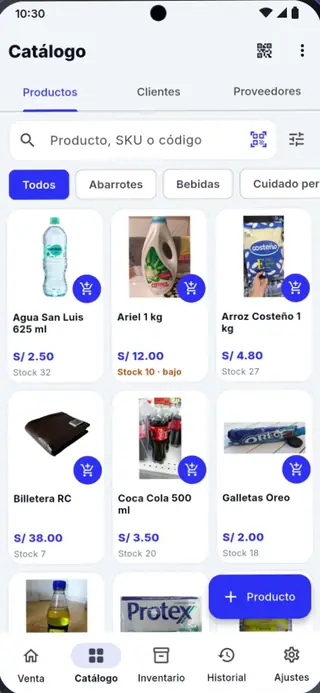 Catálogo de productos de Puntivo POS con fotos, precios en soles y stock