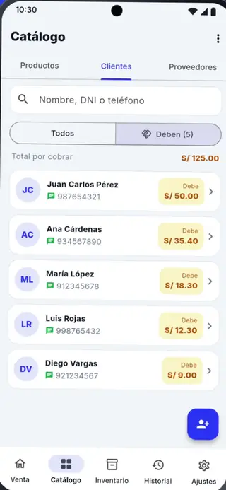 Lista de clientes de Puntivo POS con lo que debe cada uno en soles