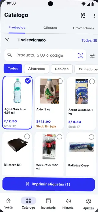 Selección de productos en Puntivo POS para imprimir etiquetas con código de barras