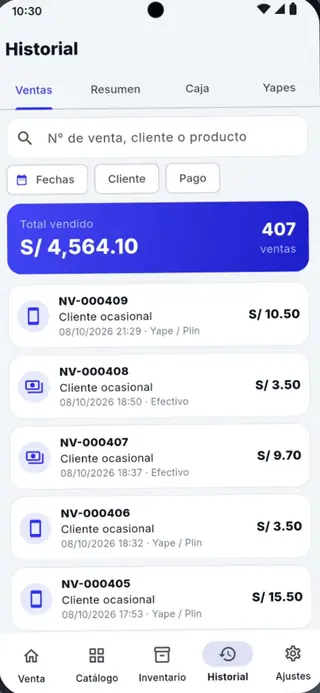 Historial de ventas de Puntivo POS con el total vendido y la lista de notas de venta