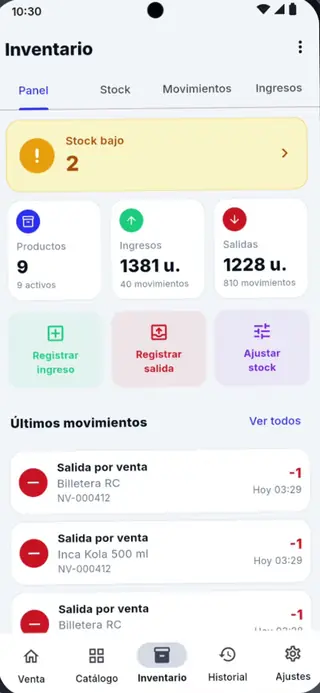 Panel de inventario de Puntivo POS con alerta de stock bajo, ingresos y salidas