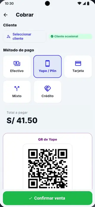 Pantalla de cobro de Puntivo POS con el QR de Yape y el monto exacto de S/ 41.50