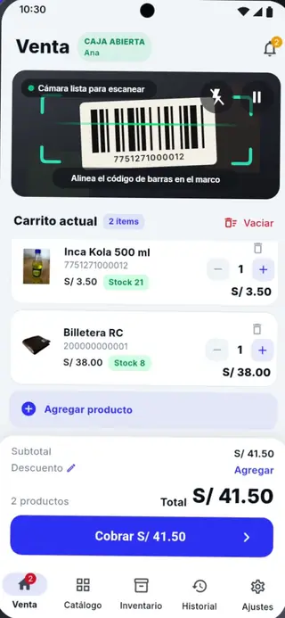 Pantalla de Venta de Puntivo POS escaneando un código de barras con la cámara, con 2 productos en el carrito y total de S/ 41.50