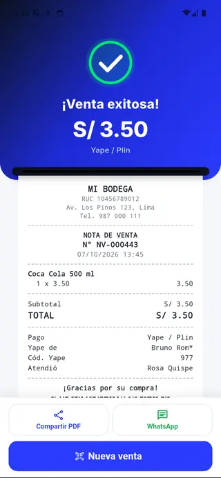Pantalla de ¡Venta exitosa! de Puntivo POS con la nota de venta lista para compartir por WhatsApp o PDF