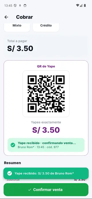 Pantalla de cobro de Puntivo POS confirmando un Yape recibido automáticamente